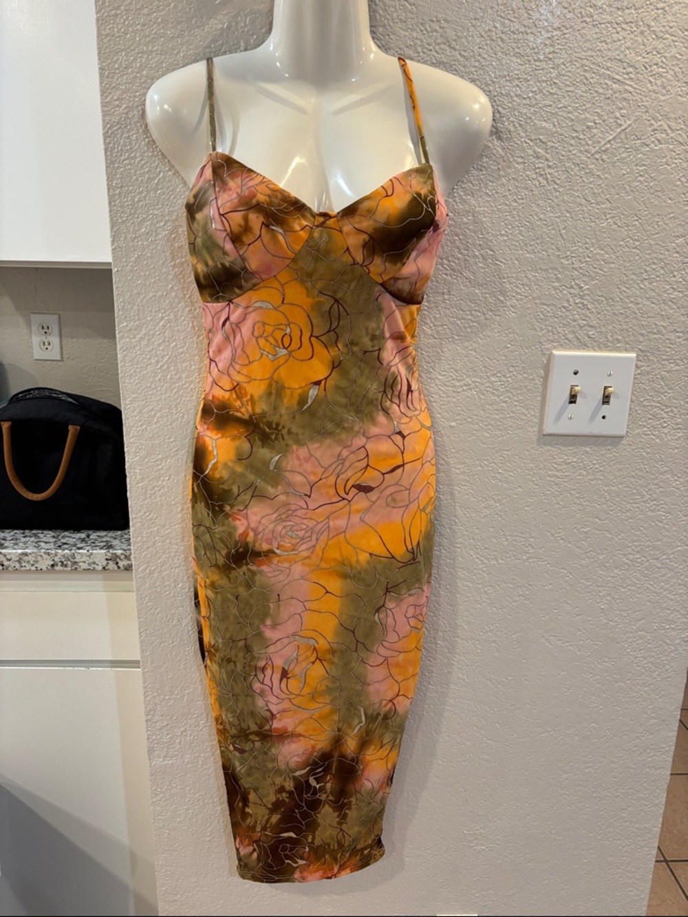Floral Slip Midi Dress in Orange and Olive
